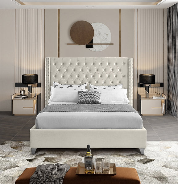 Velvet Fabric Bed with Deep Button Tufting & Nailhead Trim – IF-5892