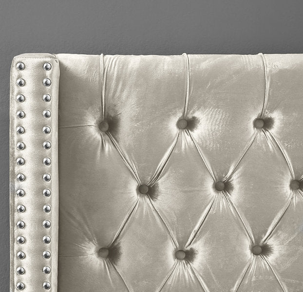 Velvet Fabric Bed with Deep Button Tufting & Nailhead Trim – IF-5892