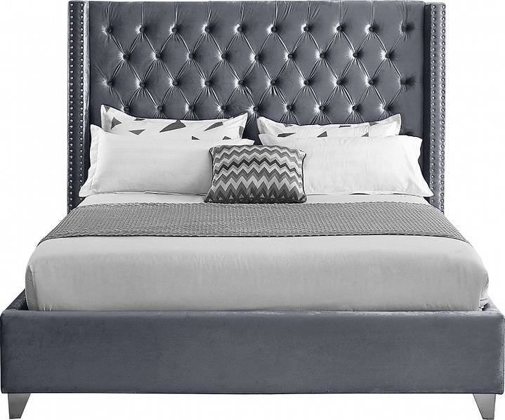 Velvet Fabric Bed with Deep Button Tufting & Nailhead Trim – IF-5892