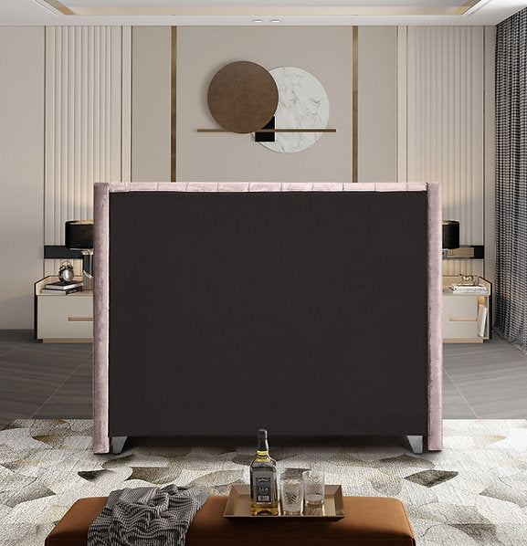Dusty Pink Velvet Wing Bed with Deep Button Tufting & Nailhead Trim – IF-5895